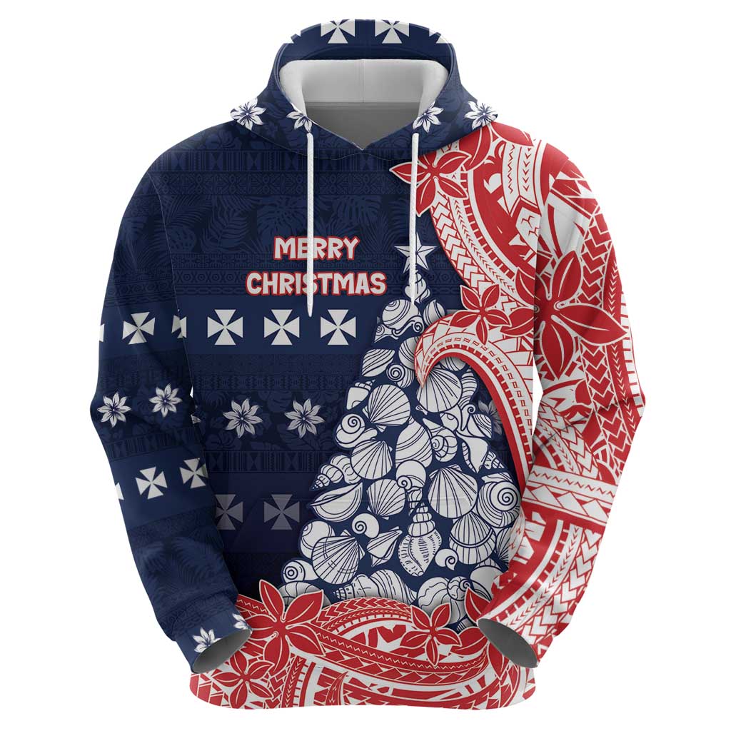 Wallis And Futuna Christmas Hoodie Seashell Xmas Tree Tribal Waves - Polynesian Pride