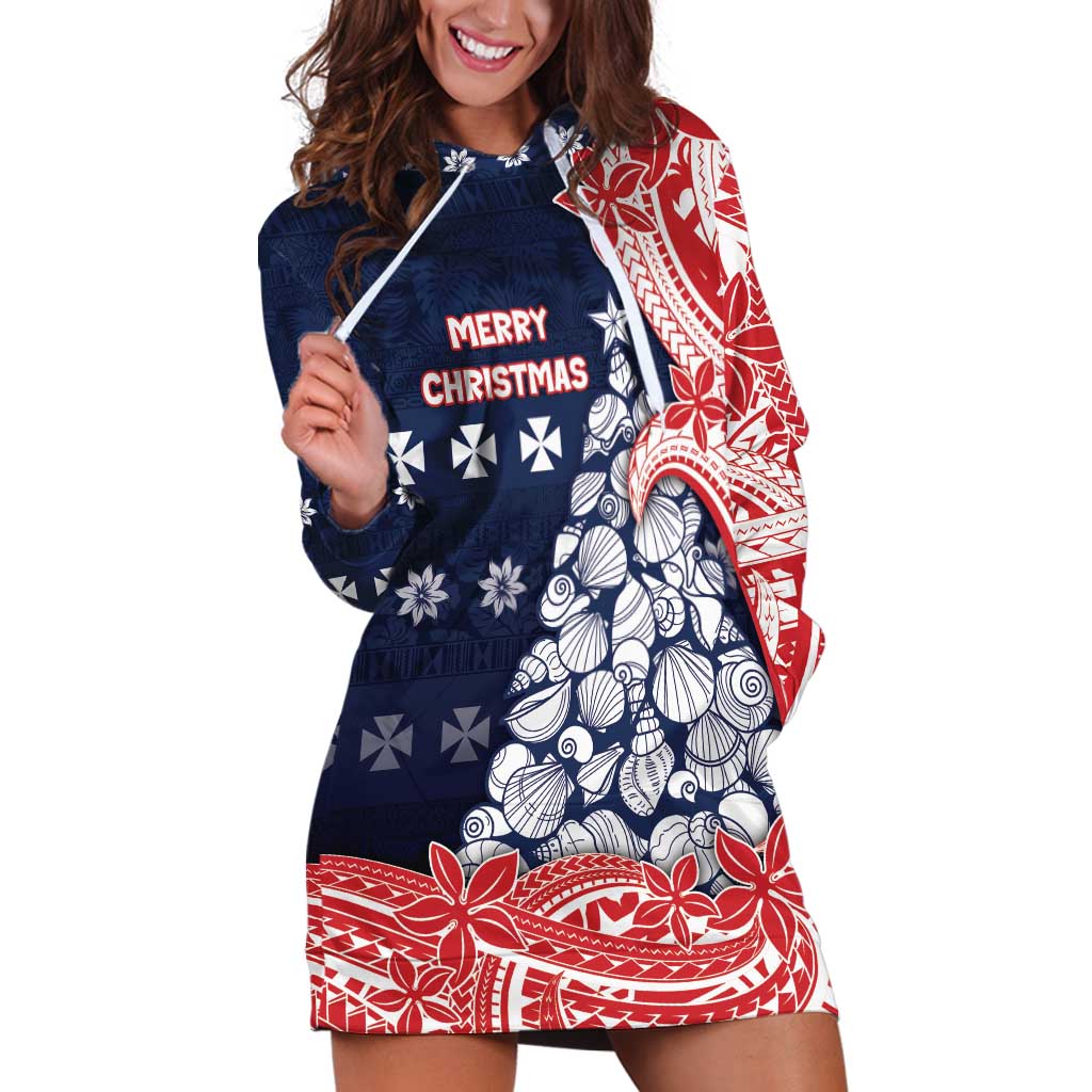 Wallis And Futuna Christmas Hoodie Dress Seashell Xmas Tree Tribal Waves DT05 Navy - Polynesian Pride