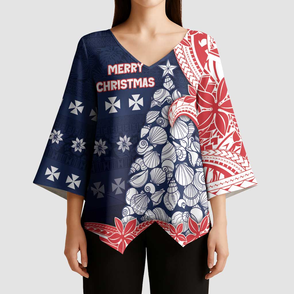 Wallis And Futuna Christmas Kimono Sleeve Blouse Seashell Xmas Tree Tribal Waves - Polynesian Pride