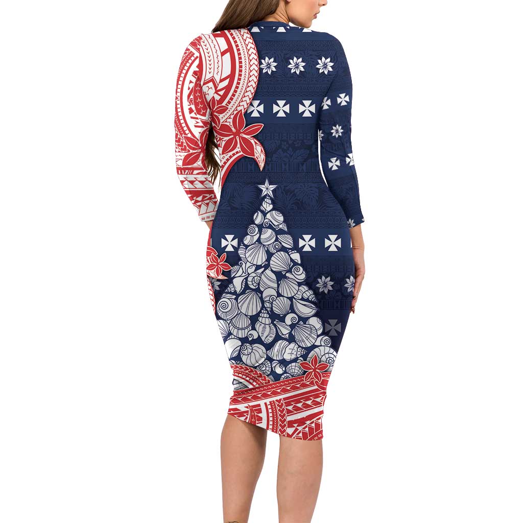 Wallis And Futuna Christmas Long Sleeve Bodycon Dress Seashell Xmas Tree Tribal Waves - Polynesian Pride