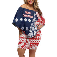 Wallis And Futuna Christmas Off Shoulder Short Dress Seashell Xmas Tree Tribal Waves - Polynesian Pride