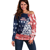Wallis And Futuna Christmas Off Shoulder Sweater Seashell Xmas Tree Tribal Waves DT05 Women Navy - Polynesian Pride