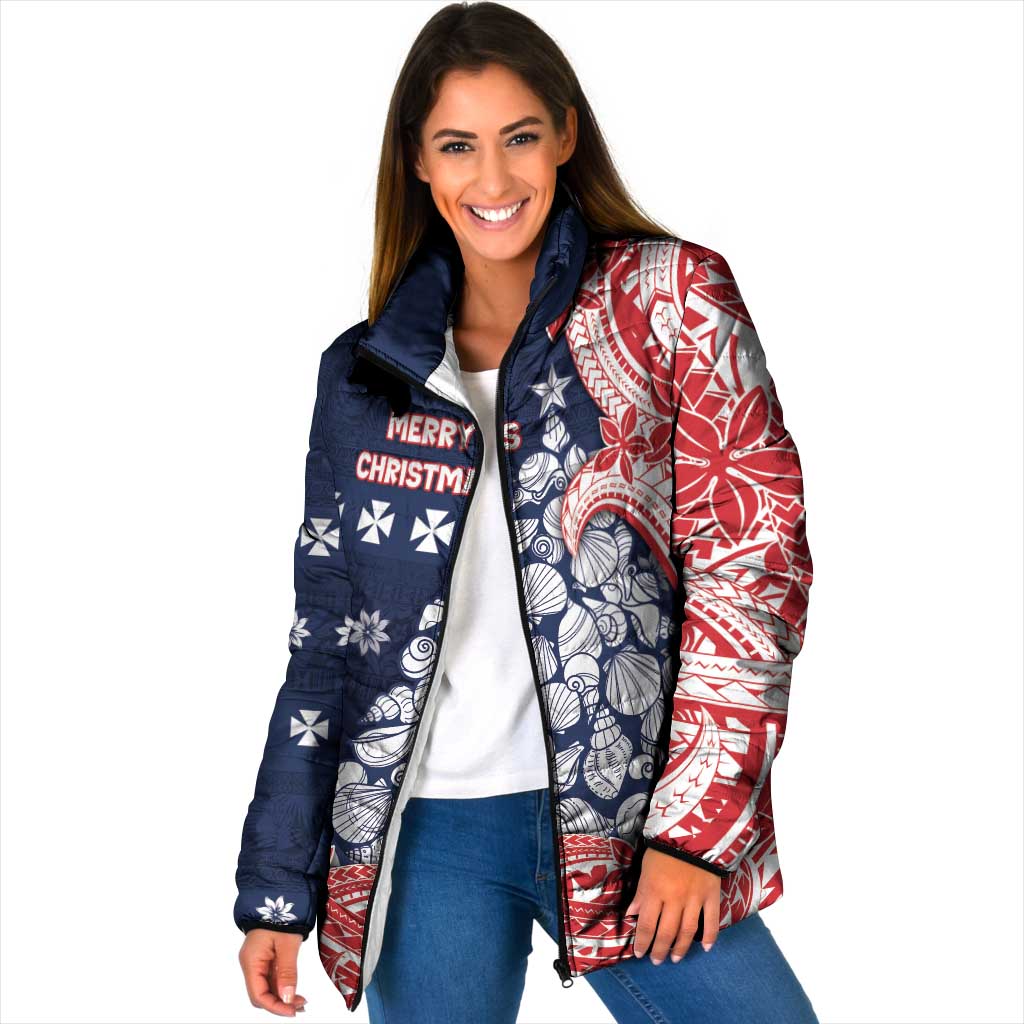Wallis And Futuna Christmas Padded Jacket Seashell Xmas Tree Tribal Waves - Polynesian Pride
