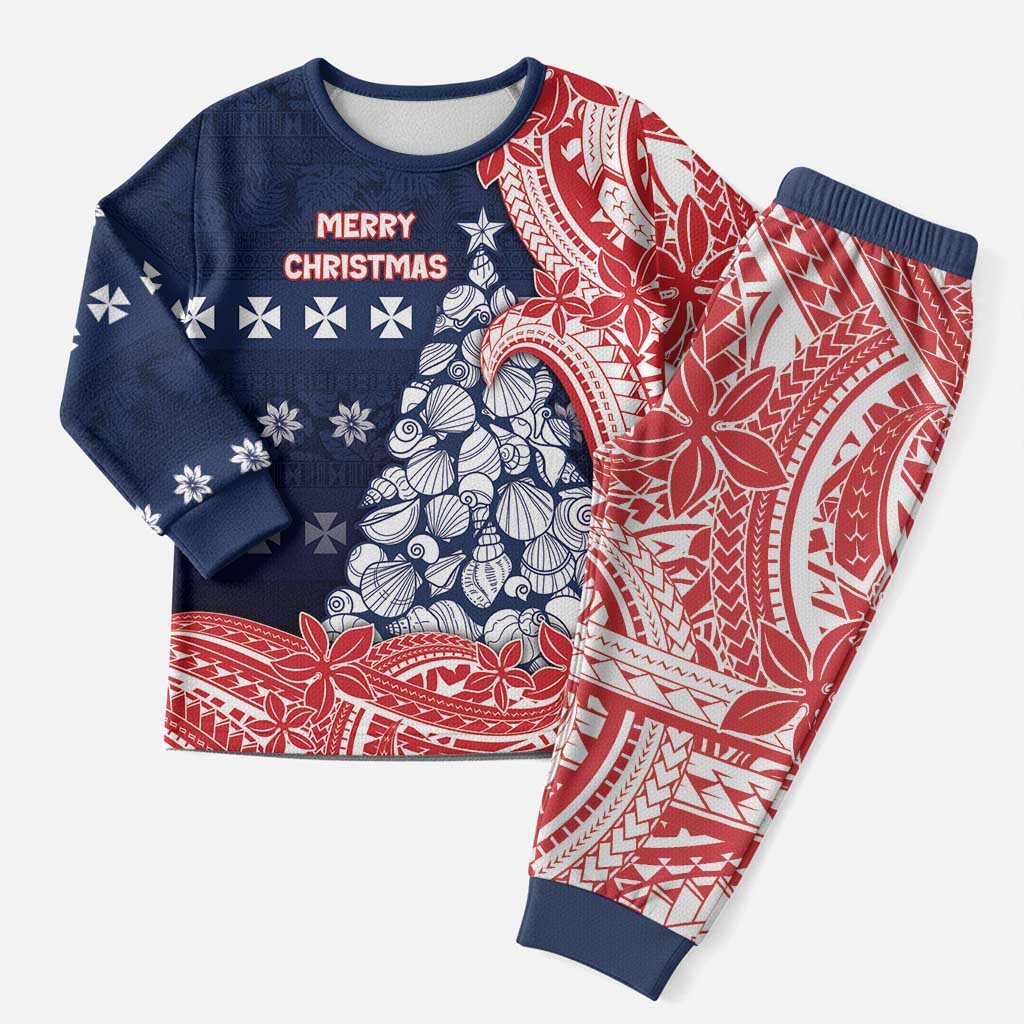 Wallis And Futuna Christmas Pajama Set Seashell Xmas Tree Tribal Waves - Polynesian Pride