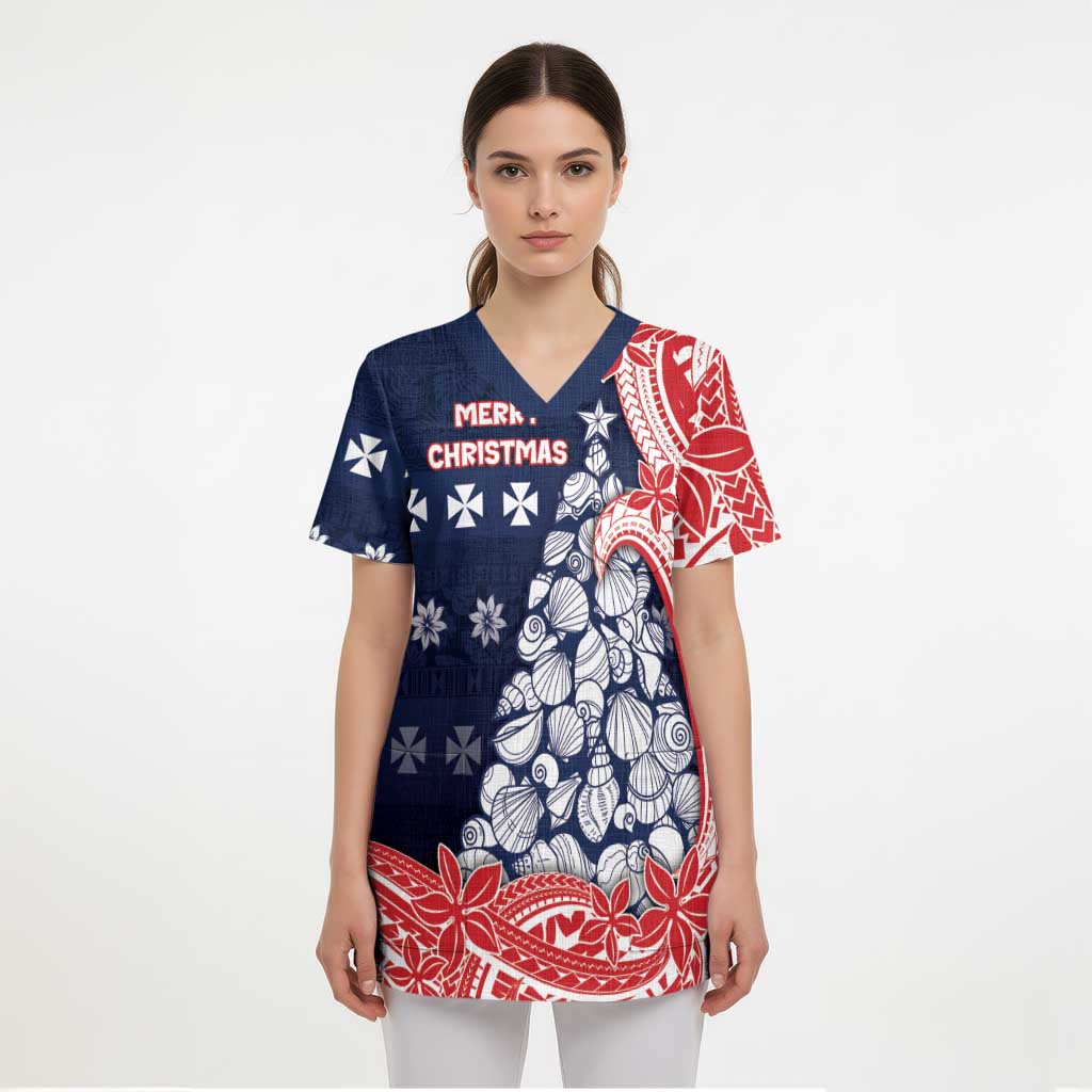 Wallis And Futuna Christmas Scrub Top Seashell Xmas Tree Tribal Waves - Polynesian Pride
