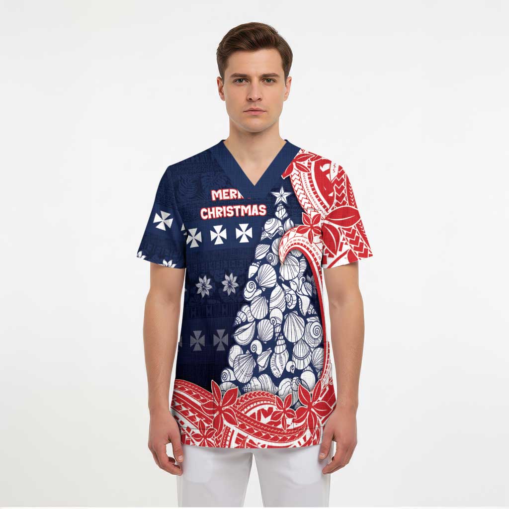 Wallis And Futuna Christmas Scrub Top Seashell Xmas Tree Tribal Waves - Polynesian Pride