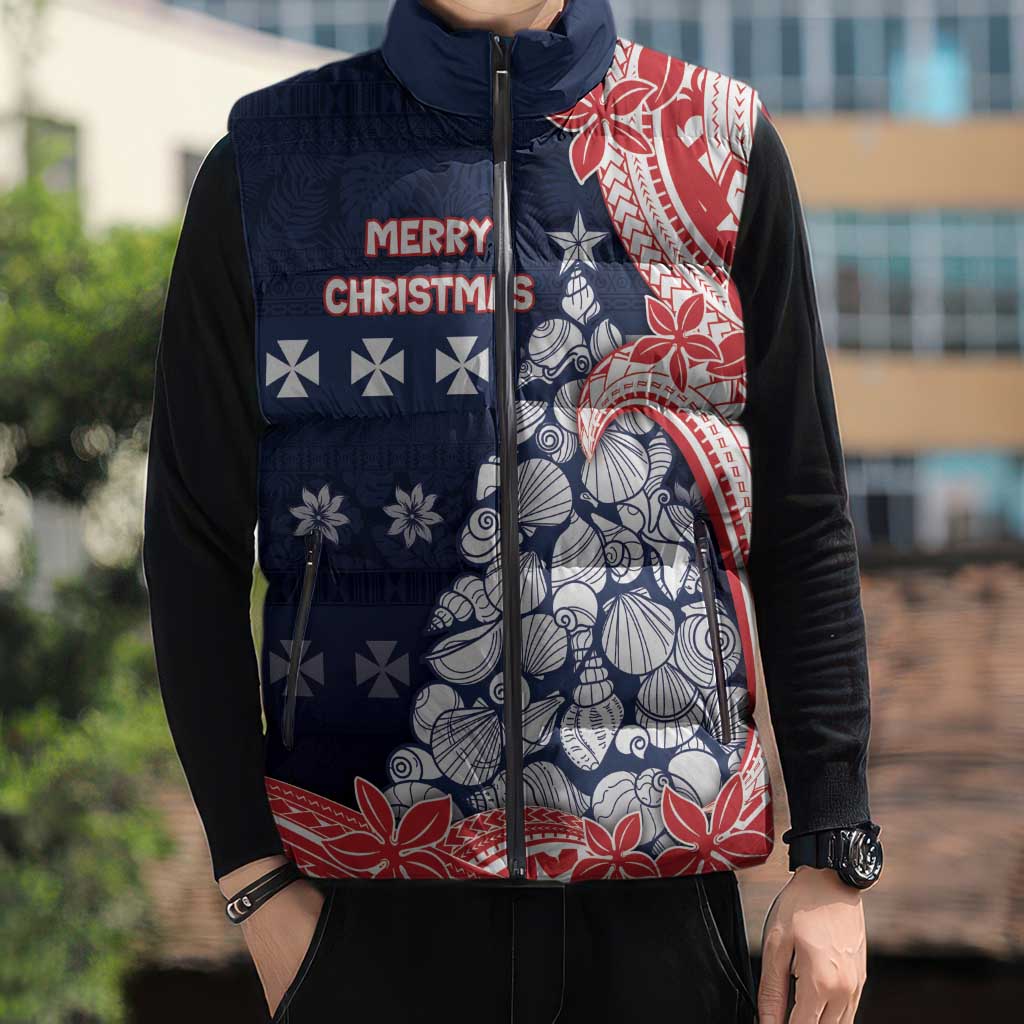 Wallis And Futuna Christmas Sleeveless Puffer Jacket Seashell Xmas Tree Tribal Waves - Polynesian Pride