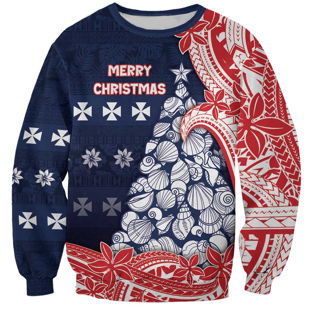 Wallis And Futuna Christmas Sweatshirt Seashell Xmas Tree Tribal Waves DT05 Unisex Navy - Polynesian Pride