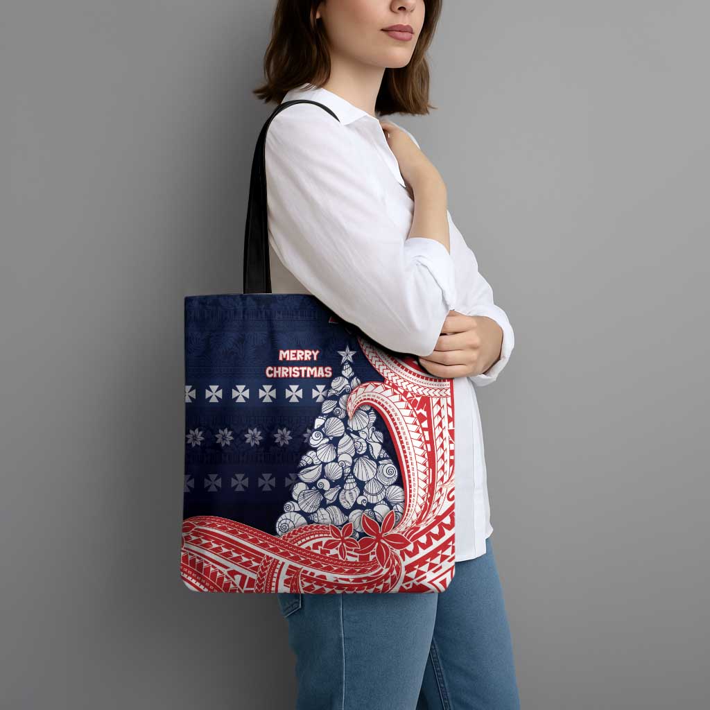 Wallis And Futuna Christmas Tote Bag Seashell Xmas Tree Tribal Waves - Polynesian Pride