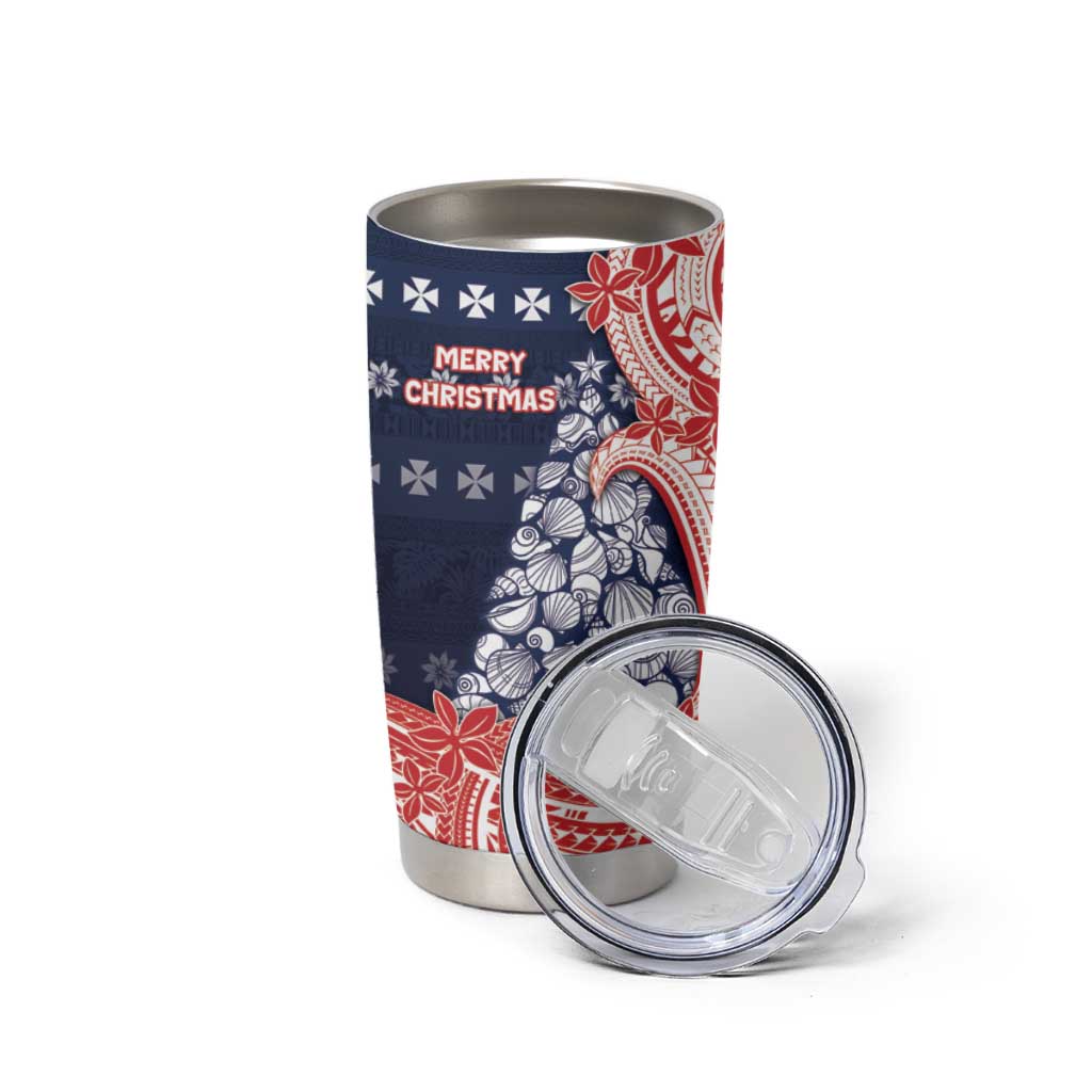 Wallis And Futuna Christmas Tumbler Cup Seashell Xmas Tree Tribal Waves - Polynesian Pride