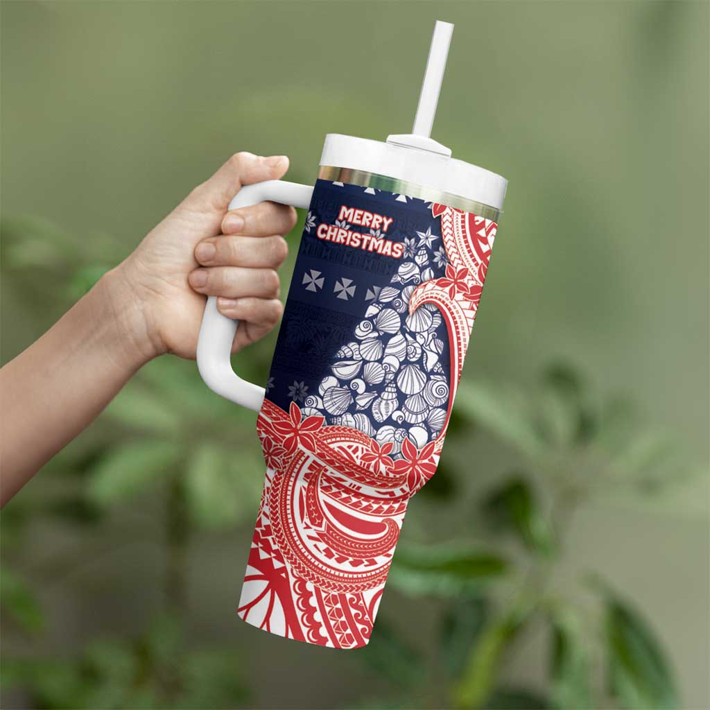 Wallis And Futuna Christmas Tumbler With Handle Seashell Xmas Tree Tribal Waves - Polynesian Pride