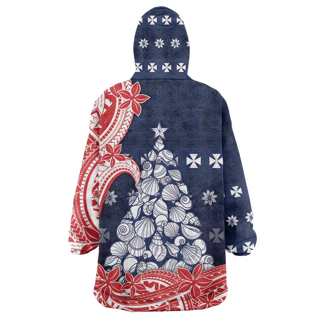 Wallis And Futuna Christmas Wearable Blanket Hoodie Seashell Xmas Tree Tribal Waves - Polynesian Pride
