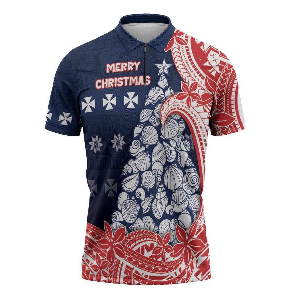 Wallis And Futuna Christmas Zipper Polo Shirt Seashell Xmas Tree Tribal Waves - Polynesian Pride