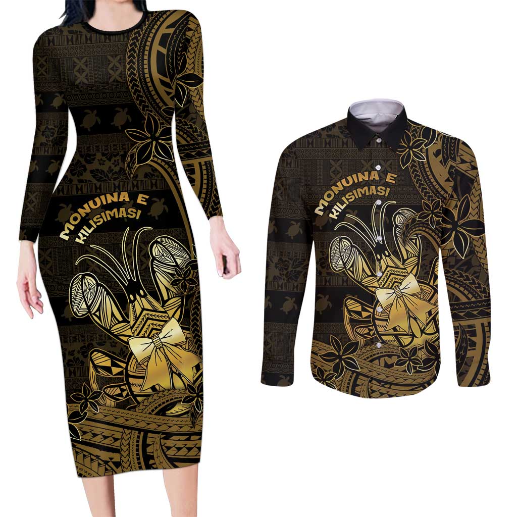 Niue Christmas Couples Matching Long Sleeve Bodycon Dress and Long Sleeve Button Shirt Niuean Crab Xmas Tribal Waves - Polynesian Pride