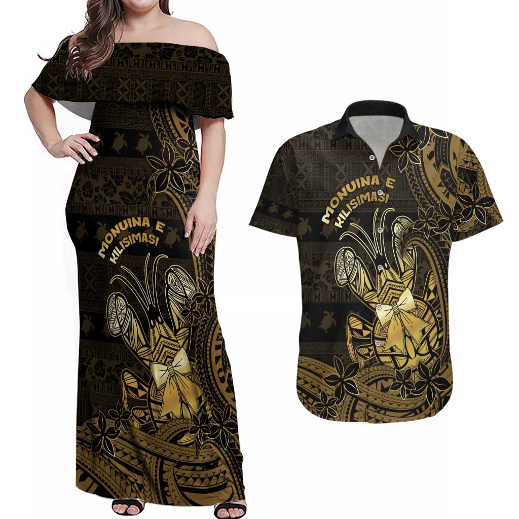 Niue Christmas Couples Matching Off Shoulder Maxi Dress and Hawaiian Shirt Niuean Crab Xmas Tribal Waves - Polynesian Pride