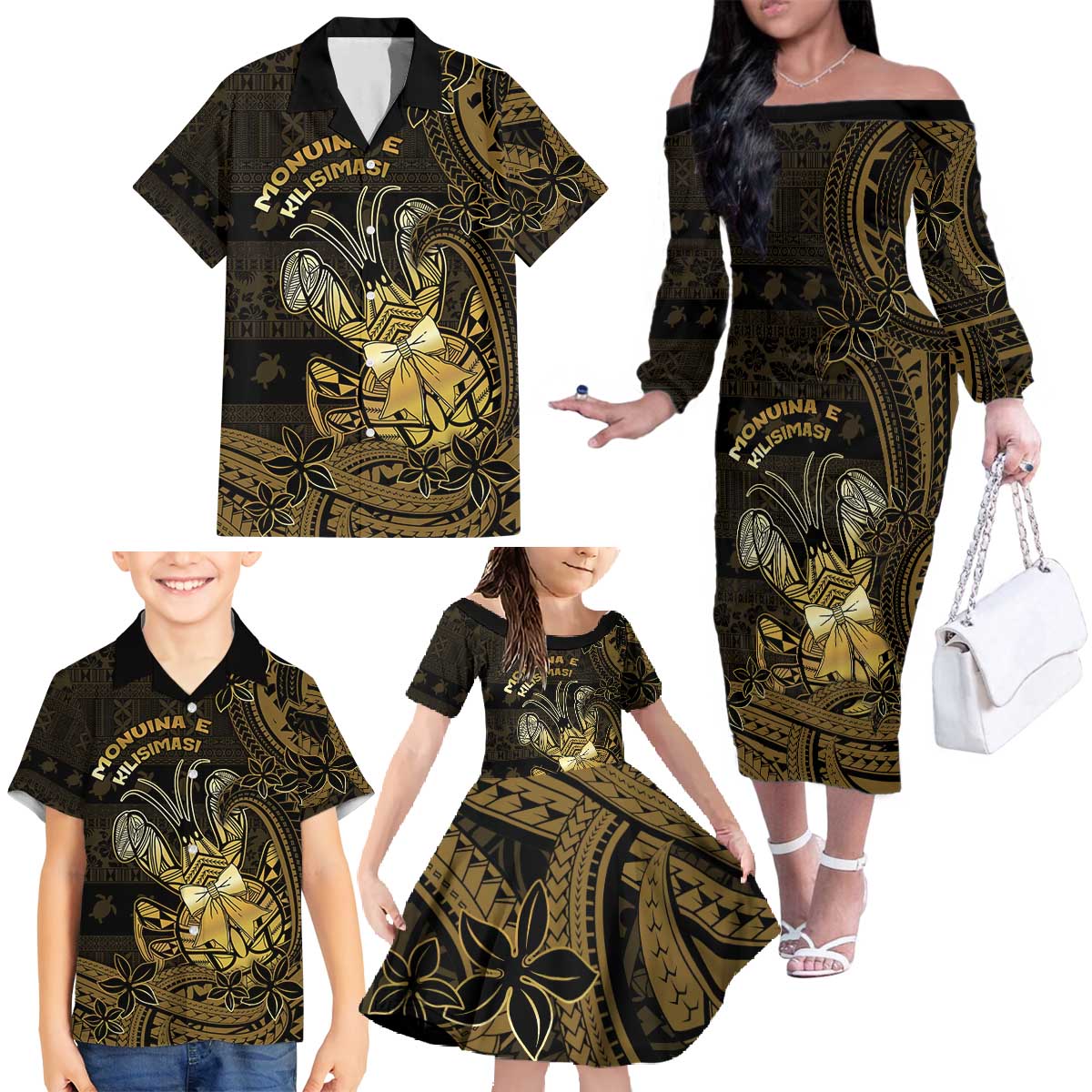 Niue Christmas Family Matching Off The Shoulder Long Sleeve Dress and Hawaiian Shirt Niuean Crab Xmas Tribal Waves - Polynesian Pride