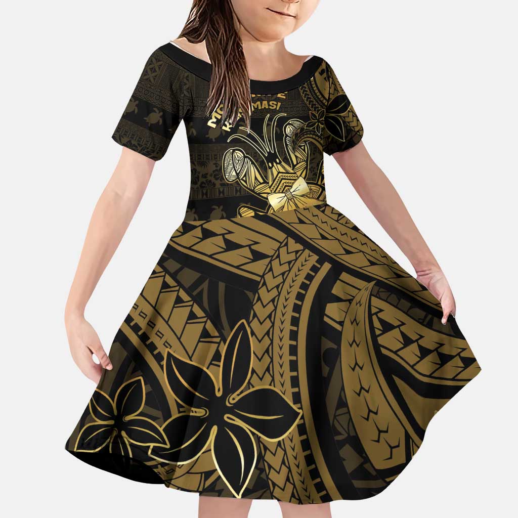 Niue Christmas Family Matching Puletasi and Hawaiian Shirt Niuean Crab Xmas Tribal Waves DT05 Daughter's Dress Gold - Polynesian Pride