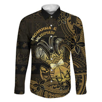 Niue Christmas Family Matching Puletasi and Hawaiian Shirt Niuean Crab Xmas Tribal Waves DT05 Dad's Shirt - Long Sleeve Gold - Polynesian Pride