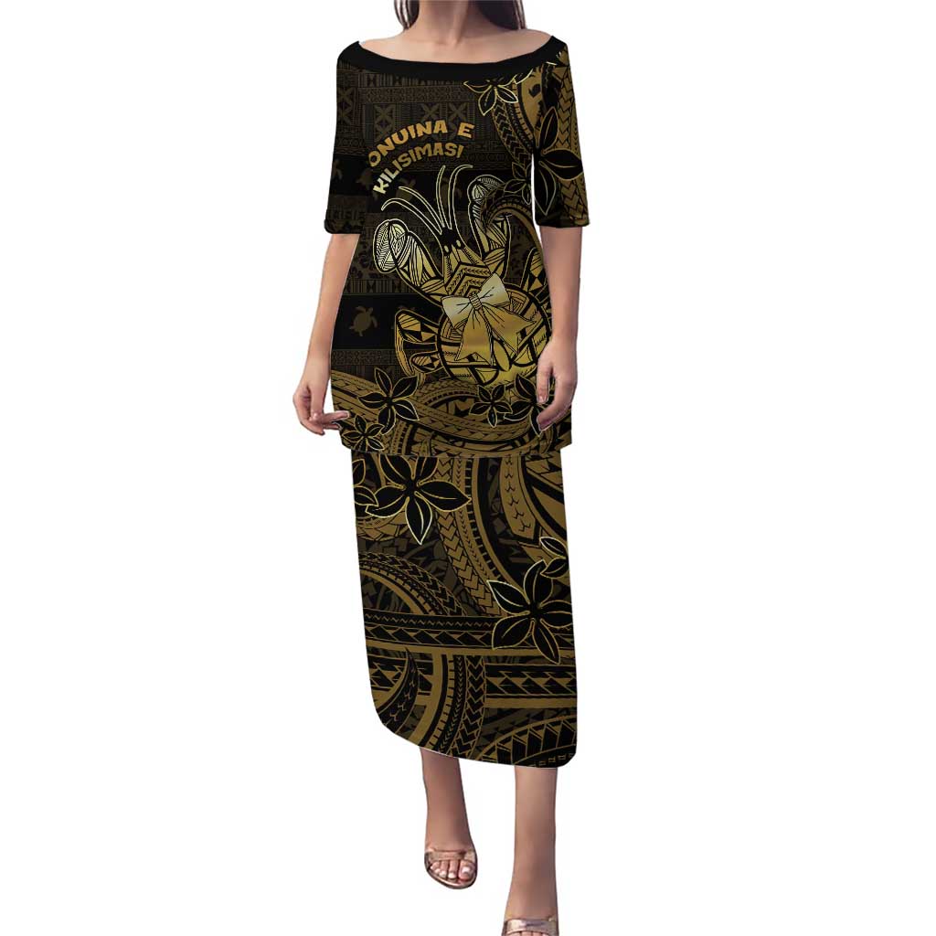 Niue Christmas Family Matching Puletasi and Hawaiian Shirt Niuean Crab Xmas Tribal Waves DT05 Mom's Dress Gold - Polynesian Pride
