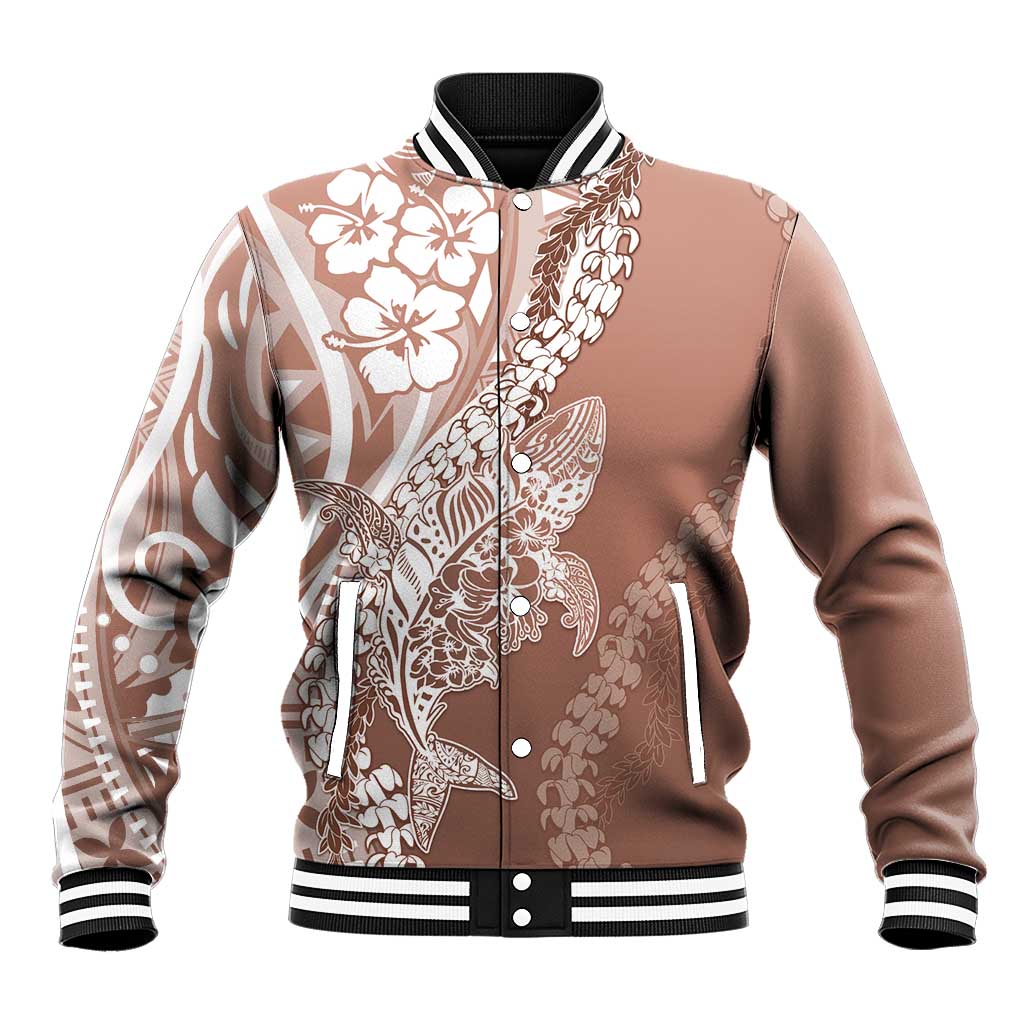 Hawaii Puakenikeni And Maile Lei Baseball Jacket Brown Polynesian Shark Tattoo DT05