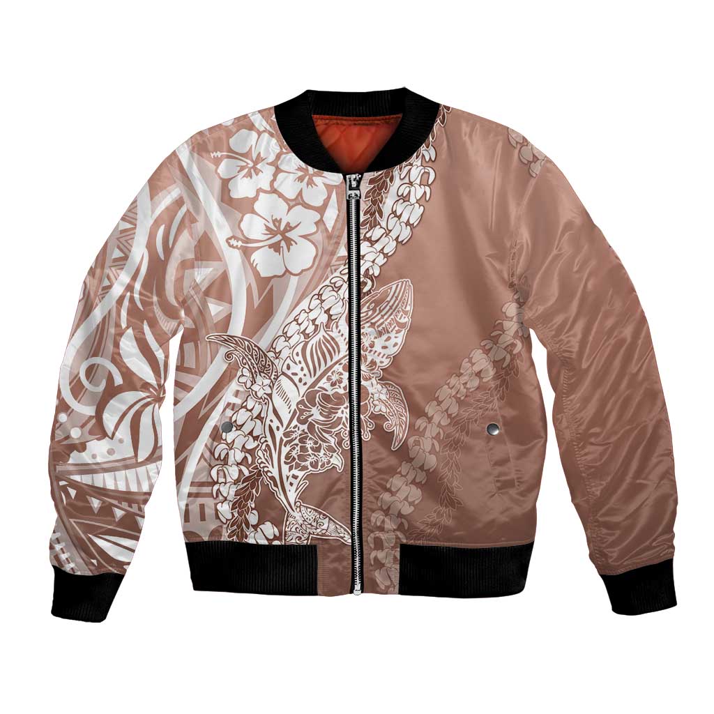 Hawaii Puakenikeni And Maile Lei Bomber Jacket Brown Polynesian Shark Tattoo DT05