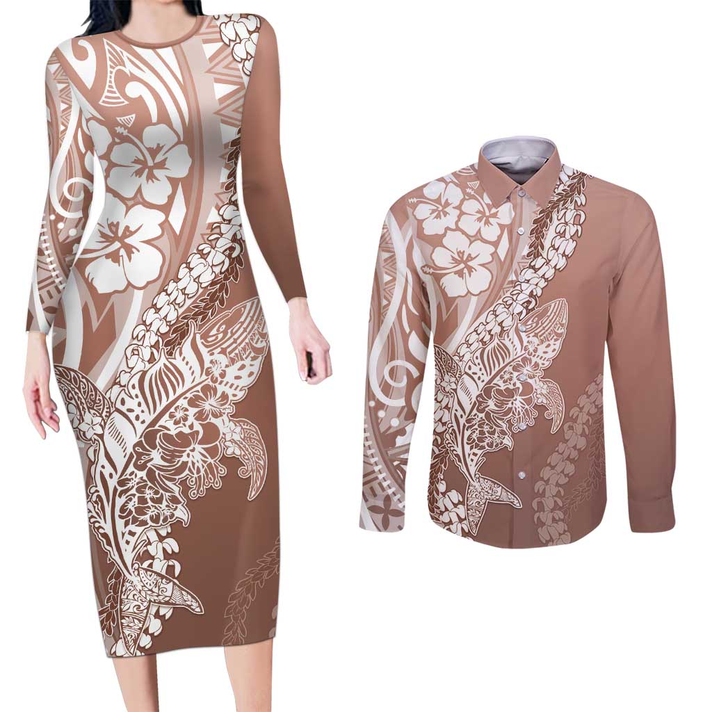 Hawaii Puakenikeni And Maile Lei Couples Matching Long Sleeve Bodycon Dress and Long Sleeve Button Shirt Brown Polynesian Shark Tattoo DT05