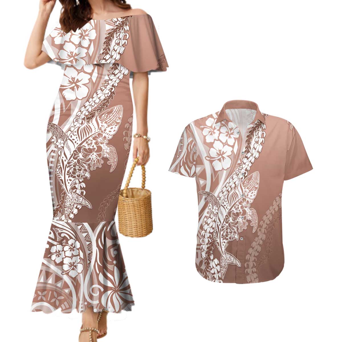 Hawaii Puakenikeni And Maile Lei Couples Matching Mermaid Dress and Hawaiian Shirt Brown Polynesian Shark Tattoo DT05