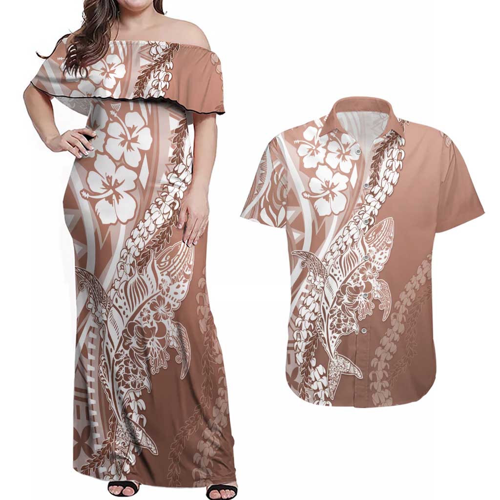 Hawaii Puakenikeni And Maile Lei Couples Matching Off Shoulder Maxi Dress and Hawaiian Shirt Brown Polynesian Shark Tattoo DT05
