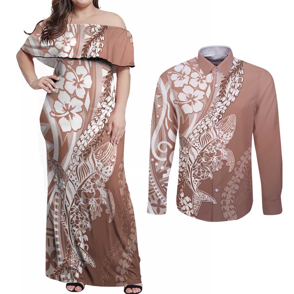 Hawaii Puakenikeni And Maile Lei Couples Matching Off Shoulder Maxi Dress and Long Sleeve Button Shirt Brown Polynesian Shark Tattoo DT05