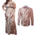 Hawaii Puakenikeni And Maile Lei Couples Matching Off Shoulder Maxi Dress and Long Sleeve Button Shirt Brown Polynesian Shark Tattoo DT05