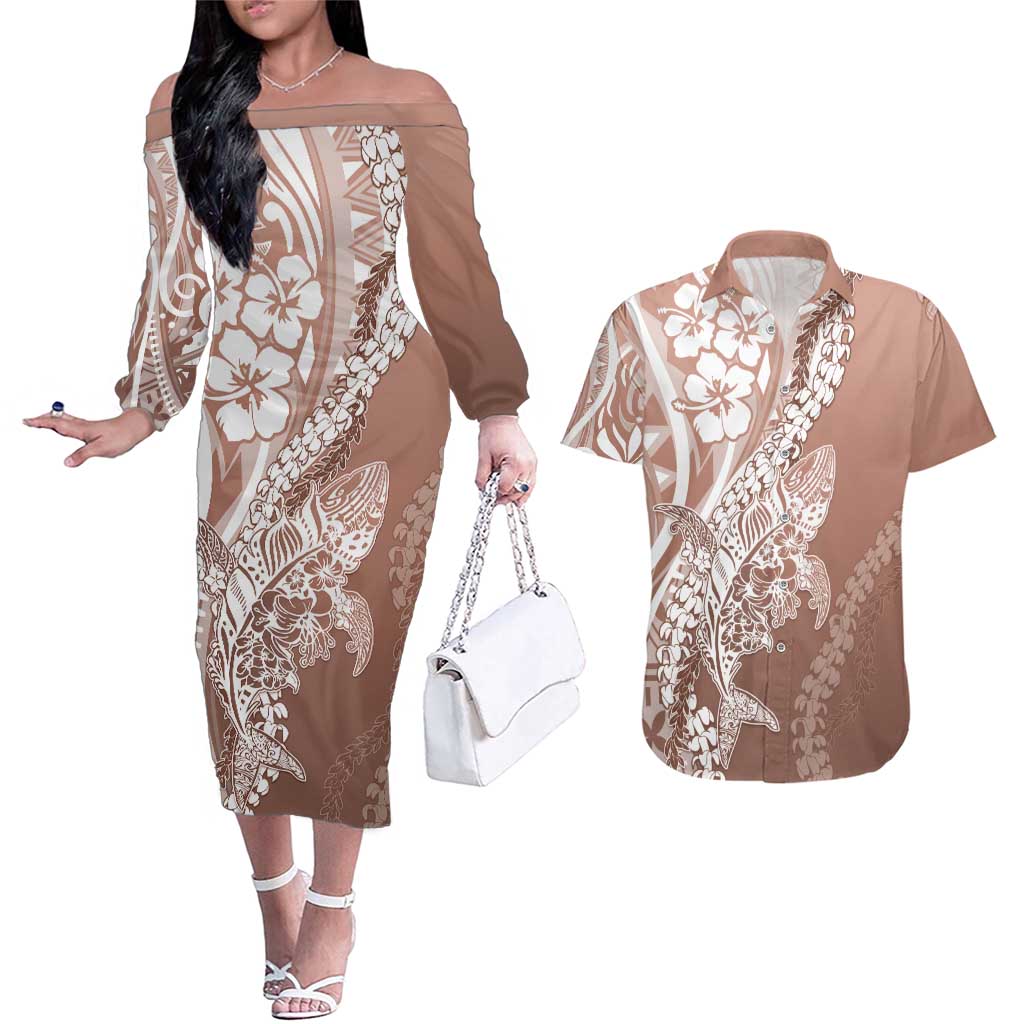 Hawaii Puakenikeni And Maile Lei Couples Matching Off The Shoulder Long Sleeve Dress and Hawaiian Shirt Brown Polynesian Shark Tattoo DT05