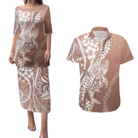 Hawaii Puakenikeni And Maile Lei Couples Matching Puletasi and Hawaiian Shirt Brown Polynesian Shark Tattoo DT05