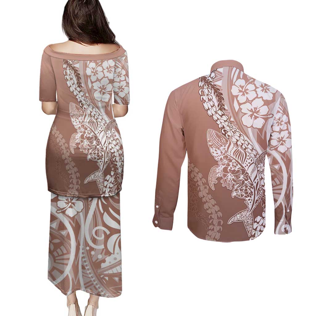 Hawaii Puakenikeni And Maile Lei Couples Matching Puletasi and Long Sleeve Button Shirt Brown Polynesian Shark Tattoo DT05