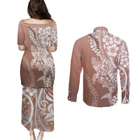 Hawaii Puakenikeni And Maile Lei Couples Matching Puletasi and Long Sleeve Button Shirt Brown Polynesian Shark Tattoo DT05