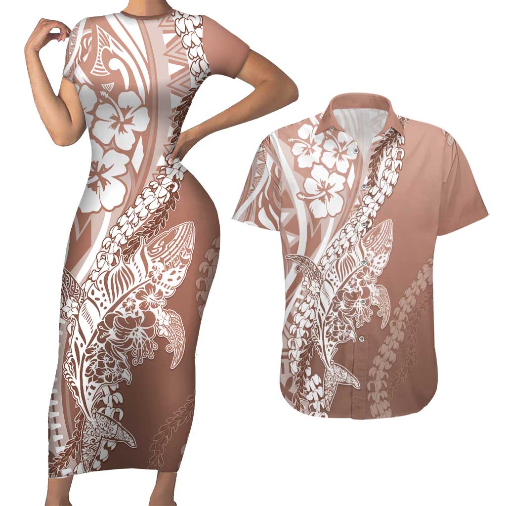 Hawaii Puakenikeni And Maile Lei Couples Matching Short Sleeve Bodycon Dress and Hawaiian Shirt Brown Polynesian Shark Tattoo DT05