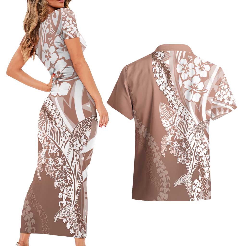 Hawaii Puakenikeni And Maile Lei Couples Matching Short Sleeve Bodycon Dress and Hawaiian Shirt Brown Polynesian Shark Tattoo DT05