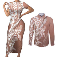 Hawaii Puakenikeni And Maile Lei Couples Matching Short Sleeve Bodycon Dress and Long Sleeve Button Shirt Brown Polynesian Shark Tattoo DT05
