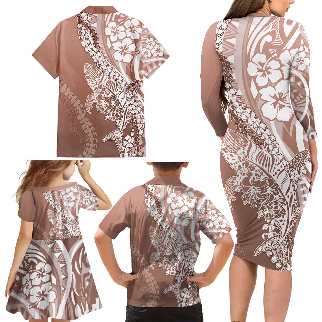 Hawaii Puakenikeni And Maile Lei Family Matching Long Sleeve Bodycon Dress and Hawaiian Shirt Brown Polynesian Shark Tattoo DT05