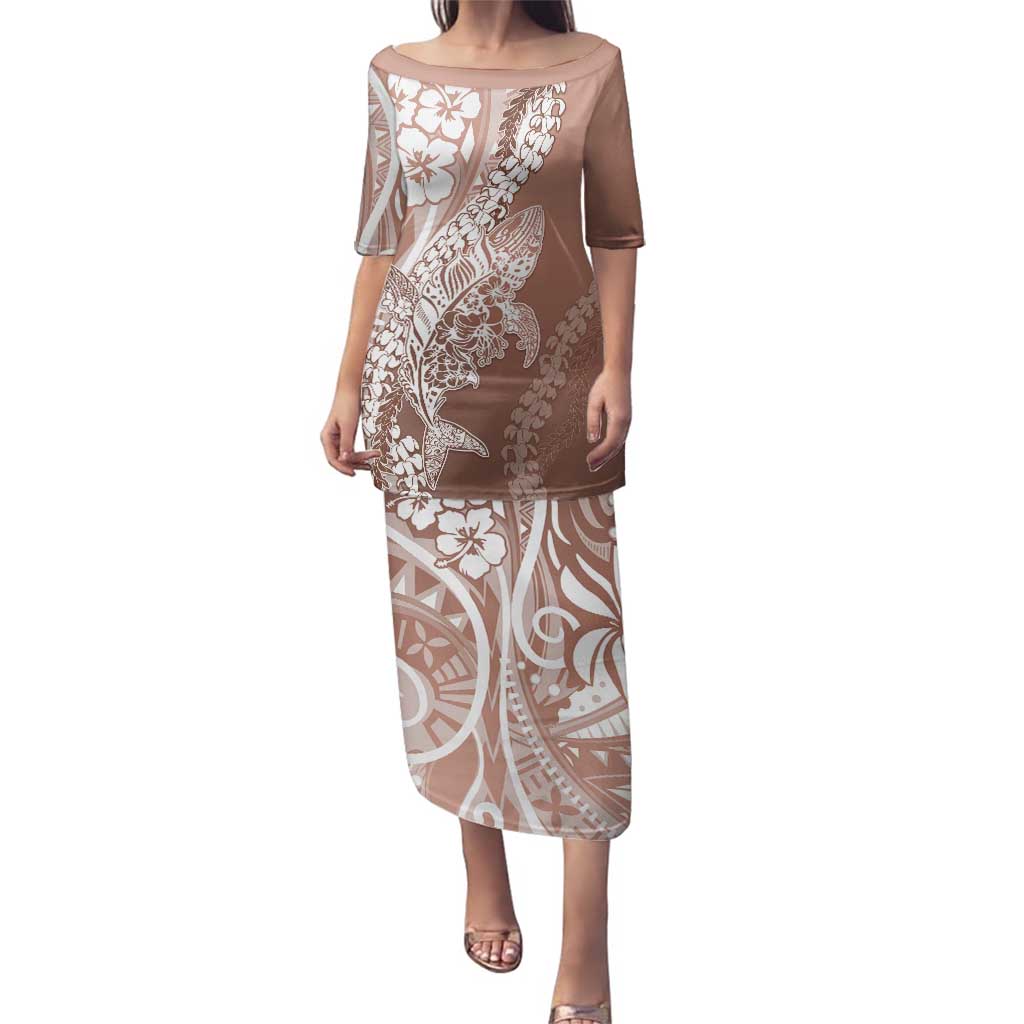Hawaii Puakenikeni And Maile Lei Family Matching Puletasi and Hawaiian Shirt Brown Polynesian Shark Tattoo DT05