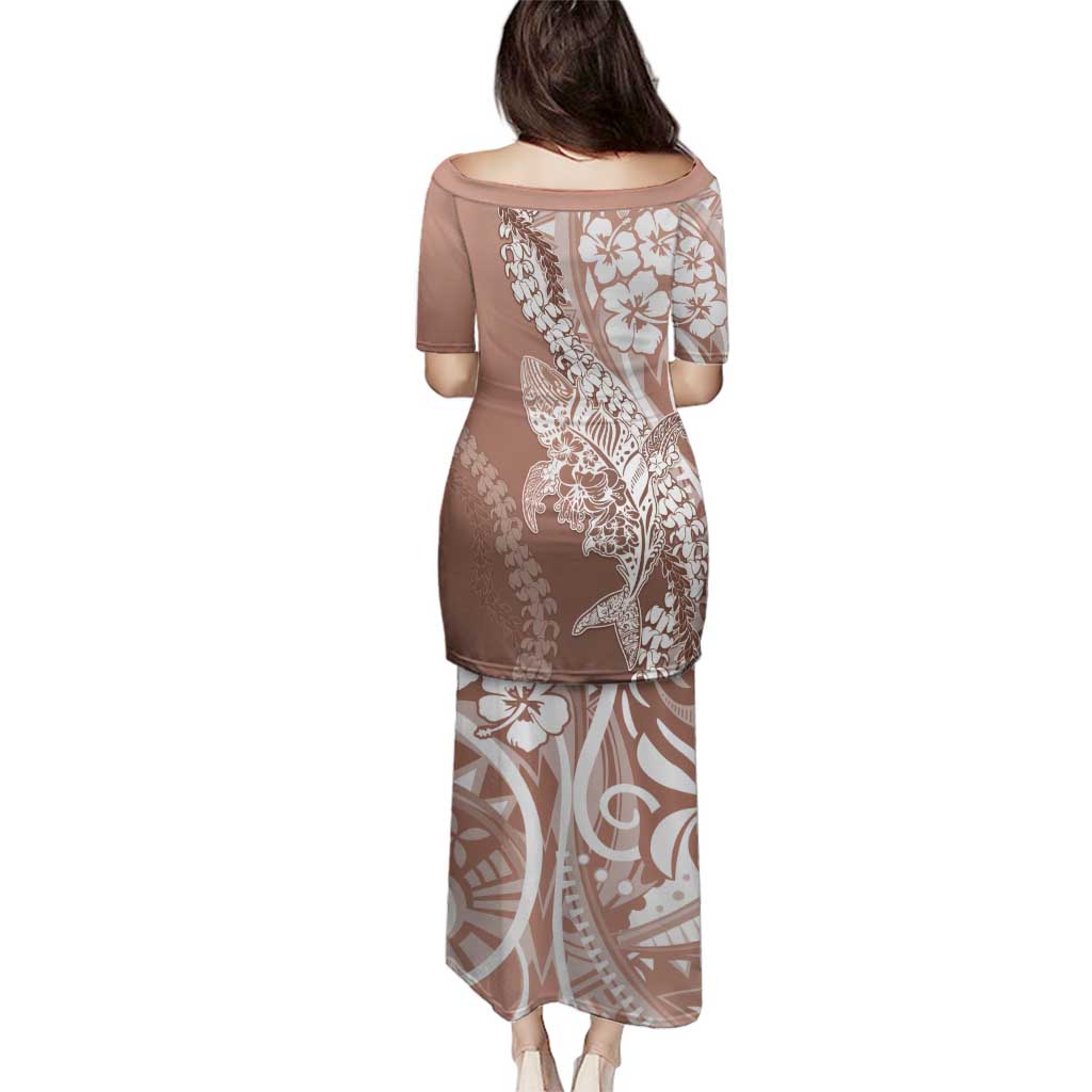 Hawaii Puakenikeni And Maile Lei Family Matching Puletasi and Hawaiian Shirt Brown Polynesian Shark Tattoo DT05