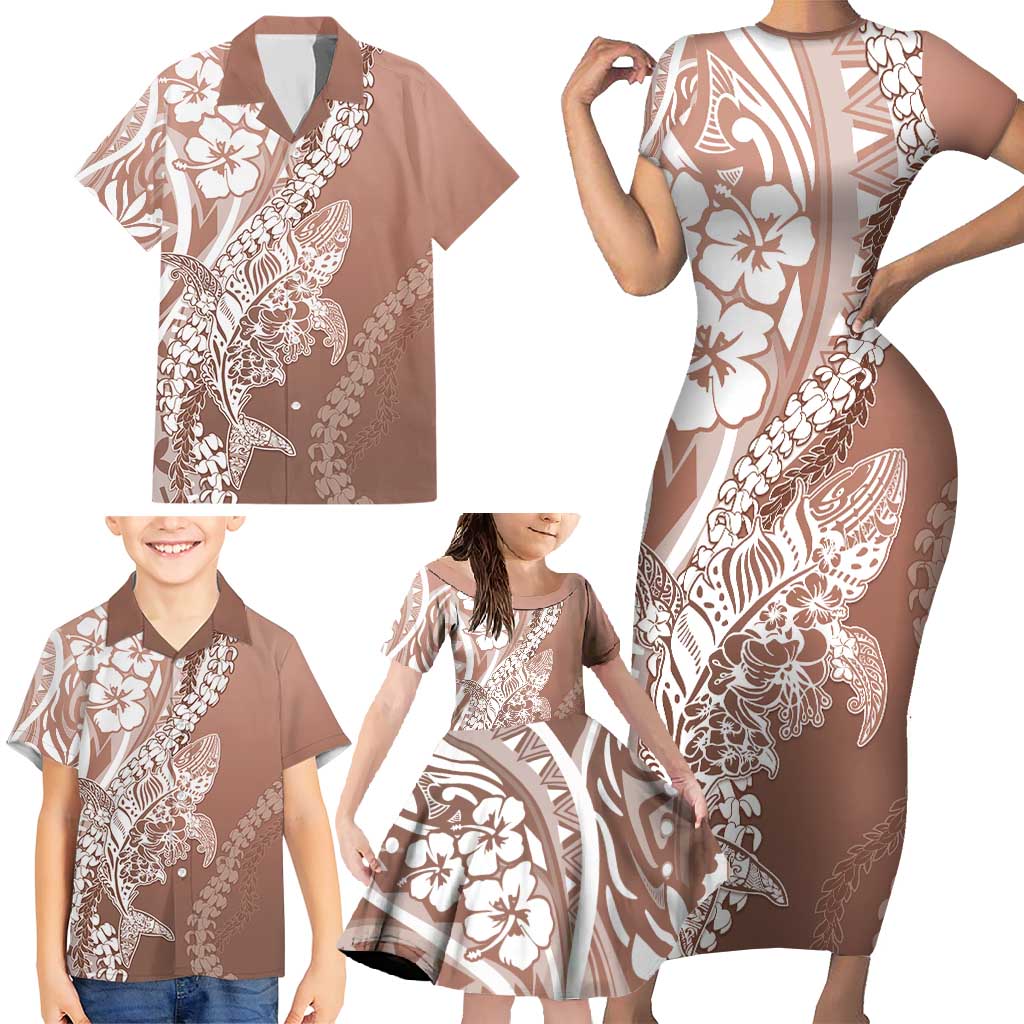 Hawaii Puakenikeni And Maile Lei Family Matching Short Sleeve Bodycon Dress and Hawaiian Shirt Brown Polynesian Shark Tattoo DT05