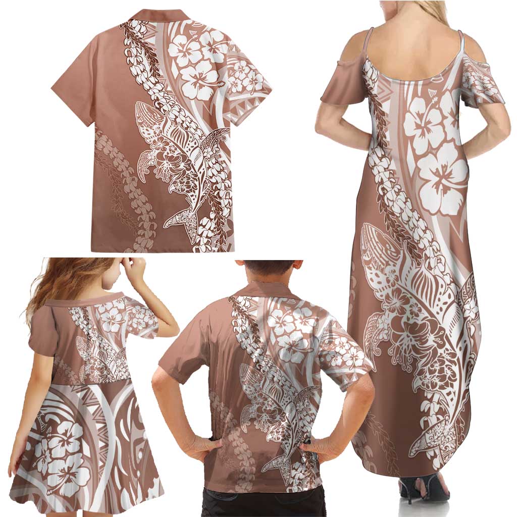 Hawaii Puakenikeni And Maile Lei Family Matching Summer Maxi Dress and Hawaiian Shirt Brown Polynesian Shark Tattoo DT05