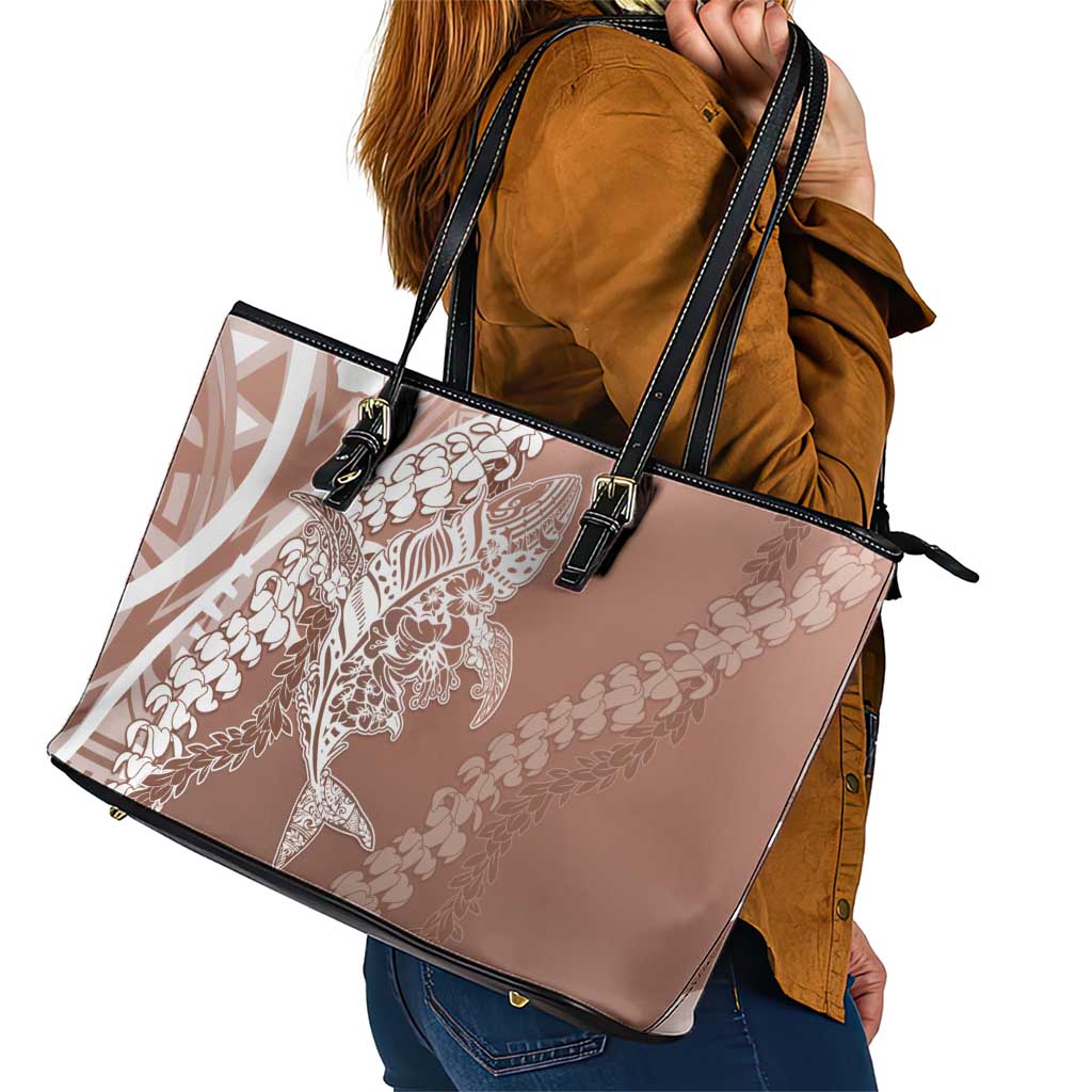 Hawaii Puakenikeni And Maile Lei Leather Tote Bag Brown Polynesian Shark Tattoo DT05
