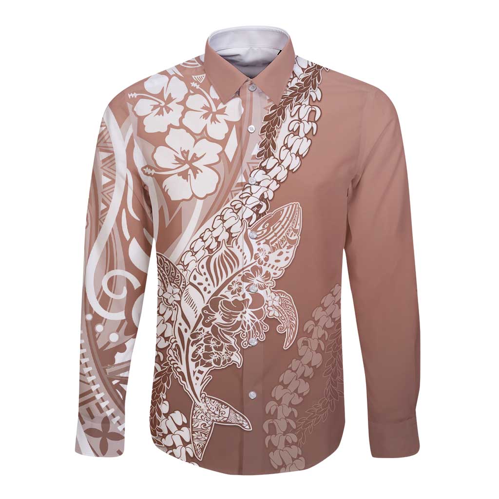 Hawaii Puakenikeni And Maile Lei Long Sleeve Button Shirt Brown Polynesian Shark Tattoo DT05