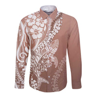 Hawaii Puakenikeni And Maile Lei Long Sleeve Button Shirt Brown Polynesian Shark Tattoo DT05