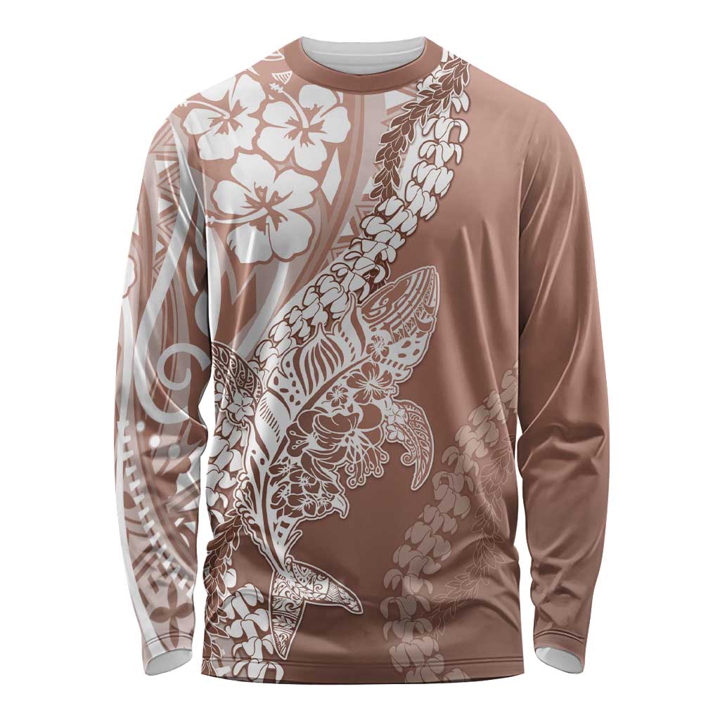 Hawaii Puakenikeni And Maile Lei Long Sleeve Shirt Brown Polynesian Shark Tattoo DT05