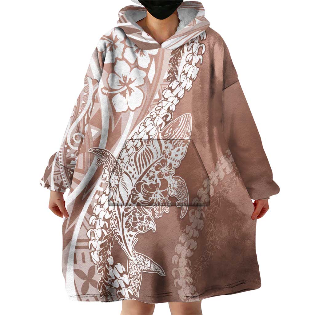 Hawaii Puakenikeni And Maile Lei Wearable Blanket Hoodie Brown Polynesian Shark Tattoo DT05