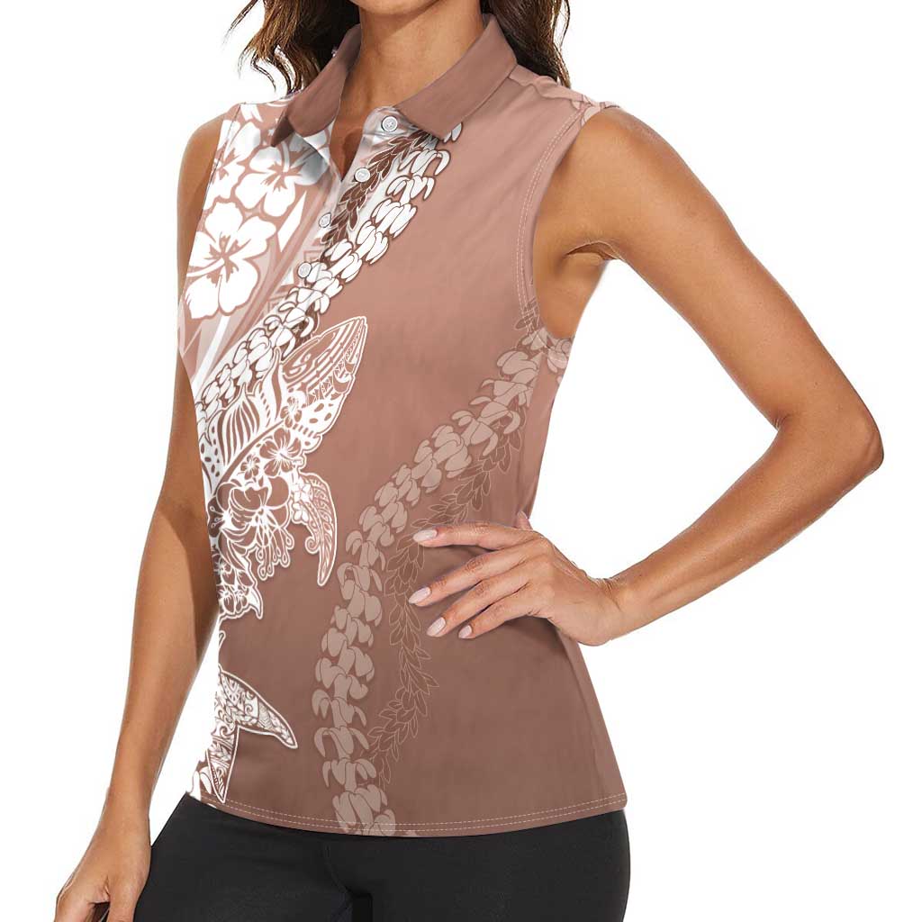 Hawaii Puakenikeni And Maile Lei Women Sleeveless Polo Shirt Brown Polynesian Shark Tattoo DT05