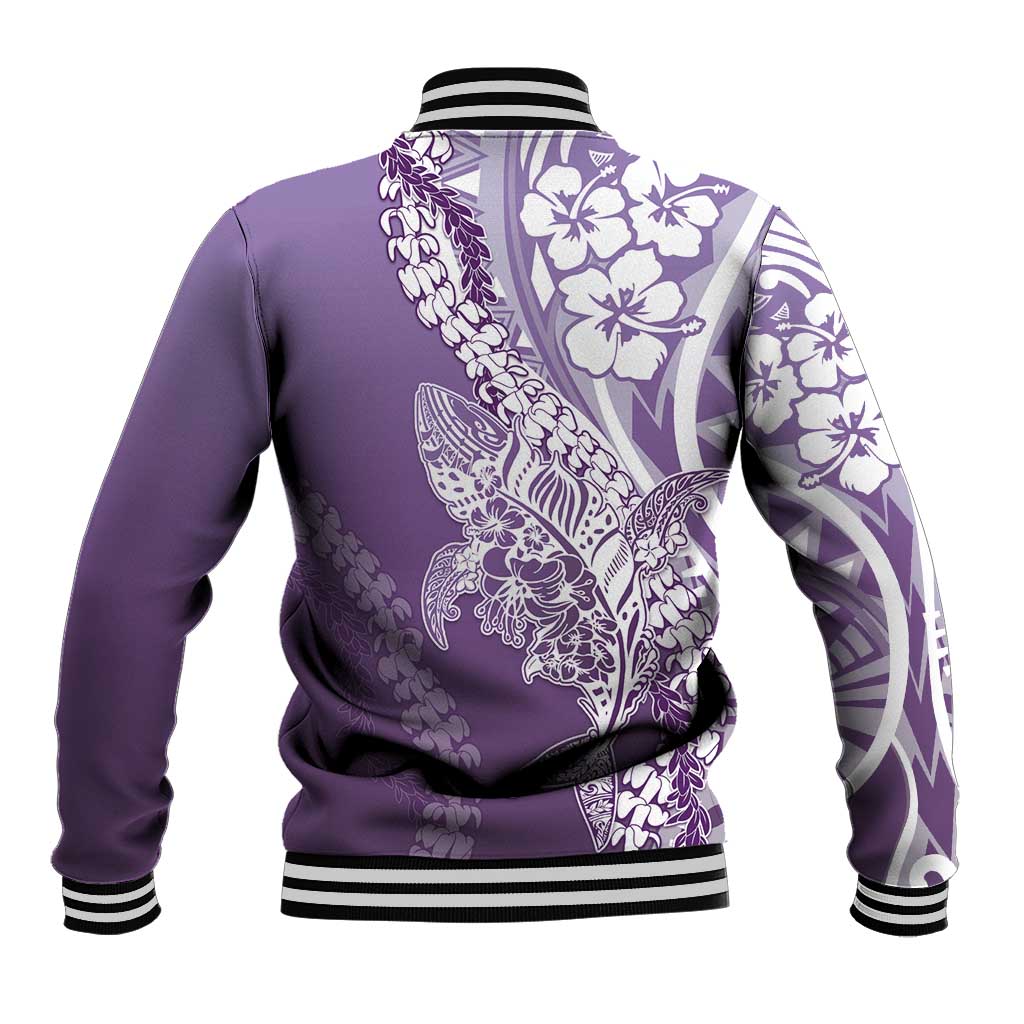 Hawaii Puakenikeni And Maile Lei Baseball Jacket Violet Polynesian Shark Tattoo DT05