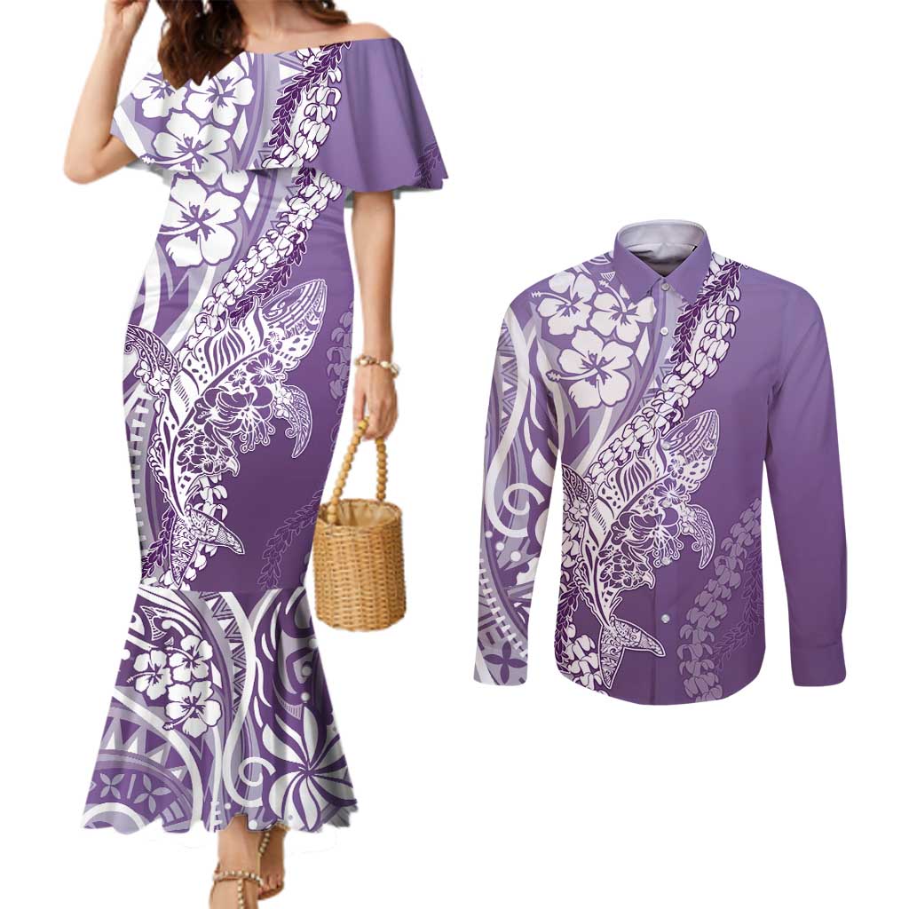 Hawaii Puakenikeni And Maile Lei Couples Matching Mermaid Dress and Long Sleeve Button Shirt Violet Polynesian Shark Tattoo DT05
